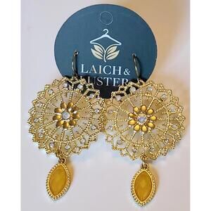 NEW Gold Tone Round Filligree Chandelier Dangle Earrings Rhinestone Faux Citrine